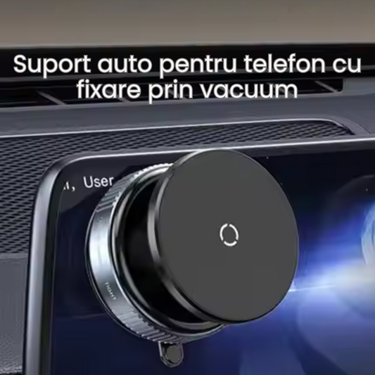 Suport magnetic universal pentru telefon | Rotație 360° | Fixare prin vacuum pe sticlă, perete, ecran sau în mașină